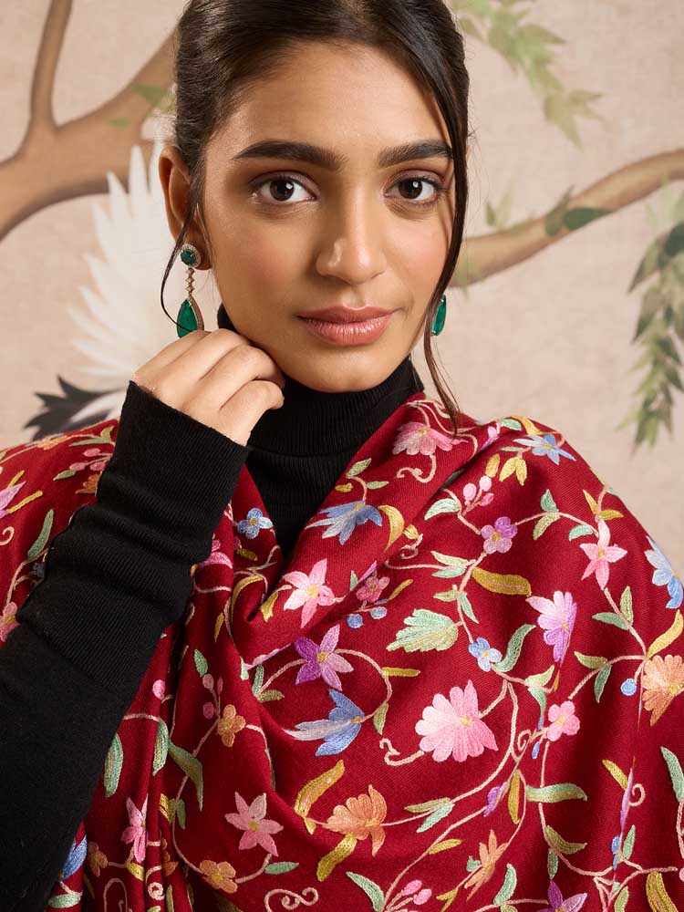 ImageAri Jaaldaar Hand Embroidery Shawl – Crimson Red
