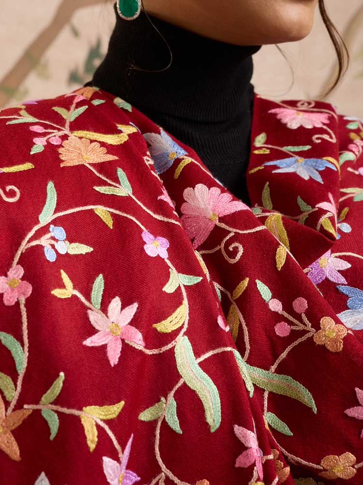 ImageAri Jaaldaar Hand Embroidery Shawl – Crimson Red