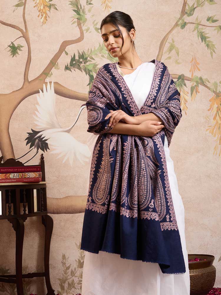 ImageKairi Paisley Handloom Pashmina Shawl – Navy, Orchid