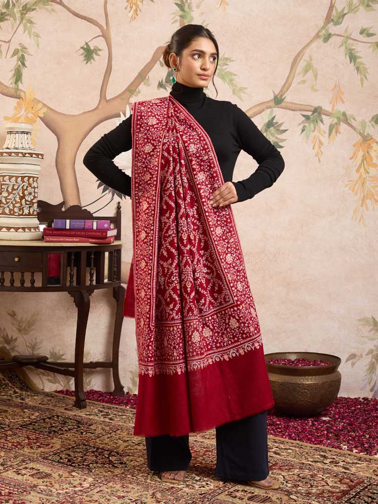 ImagePushpbahar Pashmina Sozni Emb Shawl – Surkh Red