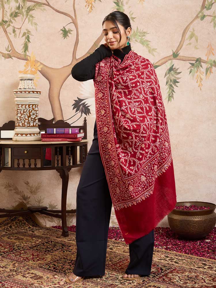 ImagePushpbahar Pashmina Sozni Emb Shawl – Surkh Red