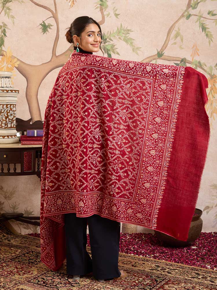 ImagePushpbahar Pashmina Sozni Emb Shawl – Surkh Red
