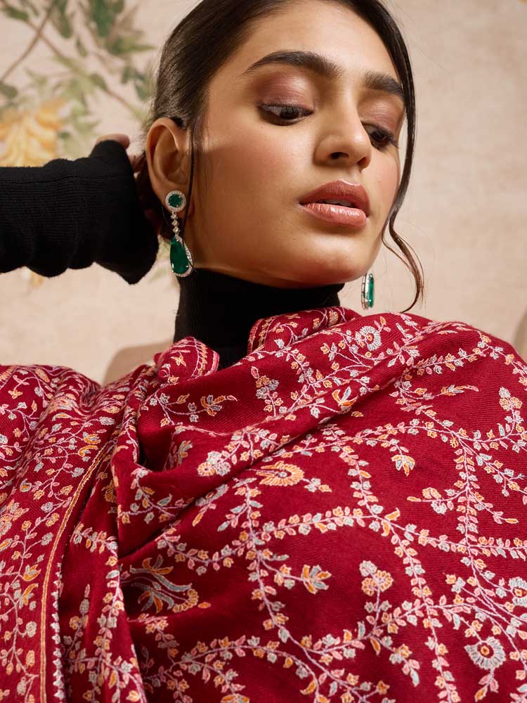 ImagePushpbahar Pashmina Sozni Emb Shawl – Surkh Red