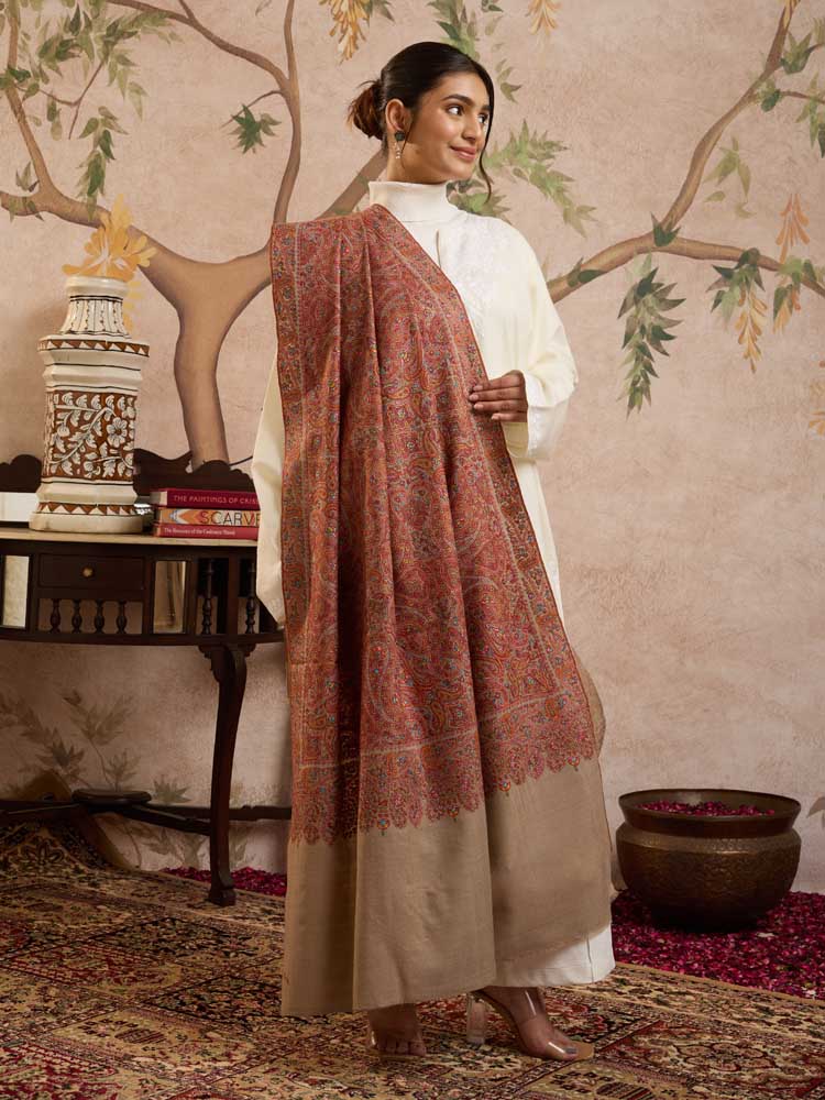 ImageBadamranj Pashmina Sozni Jama Shawl – Multi, Camel