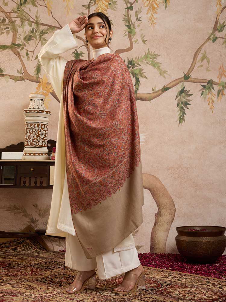 ImageBadamranj Pashmina Sozni Jama Shawl – Multi, Camel