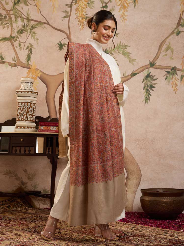 ImageBadamranj Pashmina Sozni Jama Shawl – Multi, Camel