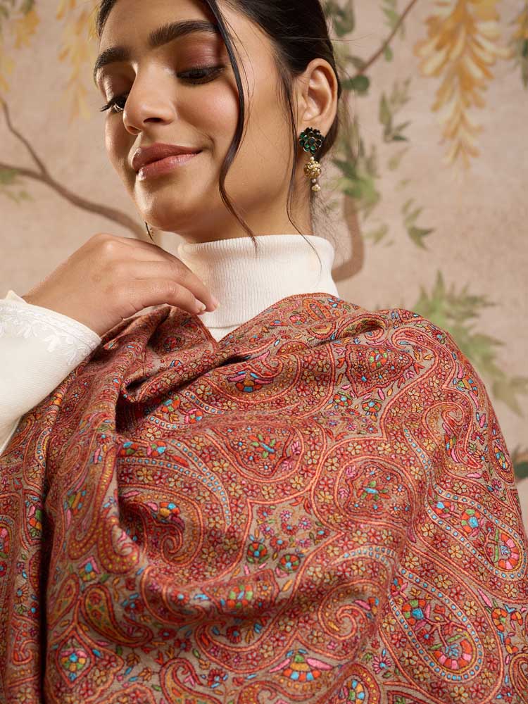 ImageBadamranj Pashmina Sozni Jama Shawl – Multi, Camel