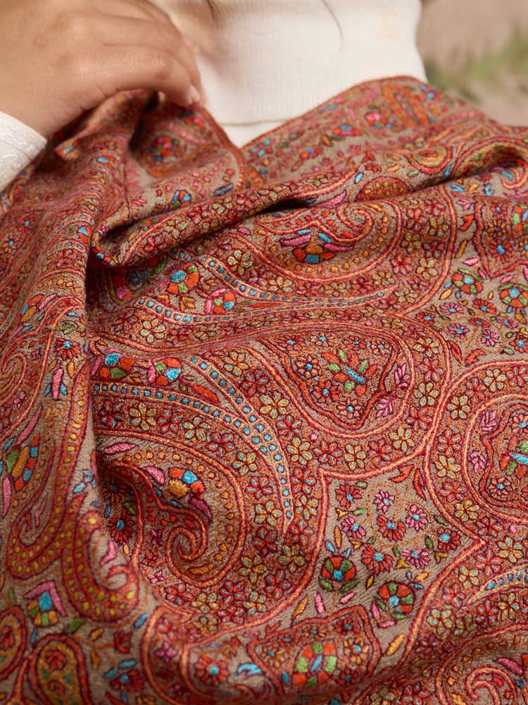 ImageBadamranj Pashmina Sozni Jama Shawl – Multi, Camel