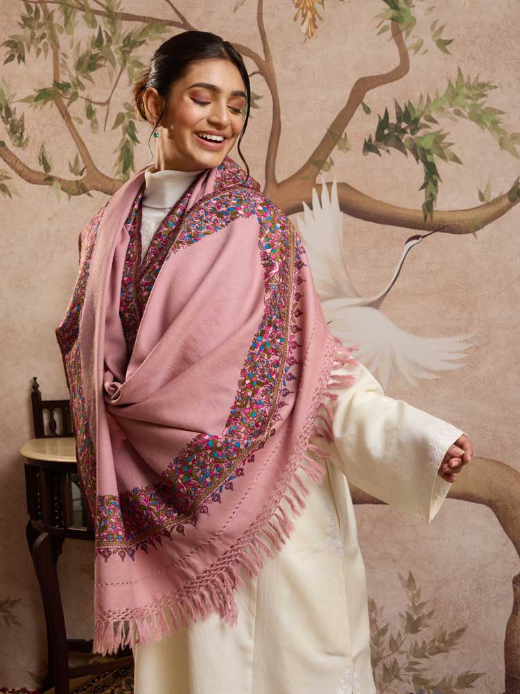 ImagePure Wool Ari Embroidery Dordaar Shawl – Magenta, Olive