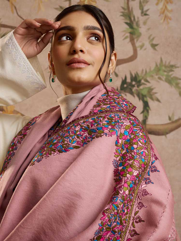 ImagePure Wool Ari Embroidery Dordaar Shawl – Magenta, Olive