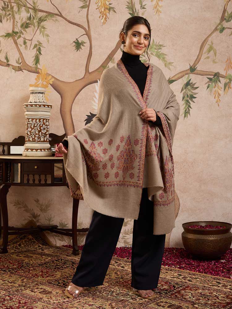 ImageKundalam Handloom Pashmina Sozni Shawl – Taupe