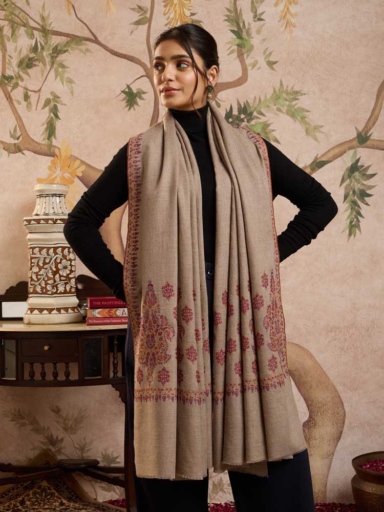 ImageKundalam Handloom Pashmina Sozni Shawl – Taupe