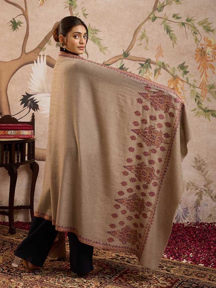 ImageKundalam Handloom Pashmina Sozni Shawl – Taupe