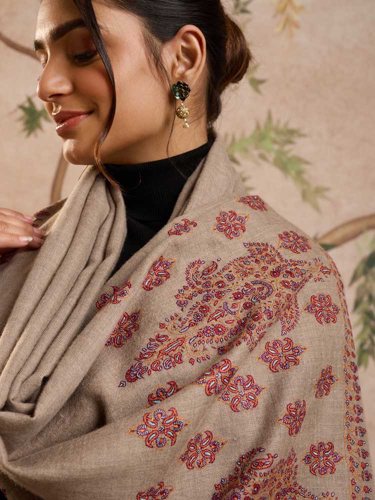 ImageKundalam Handloom Pashmina Sozni Shawl – Taupe