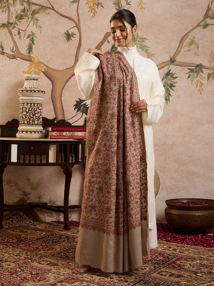 ImageZahra Handloom Pashmina Sozni Shawl – Natural Beige