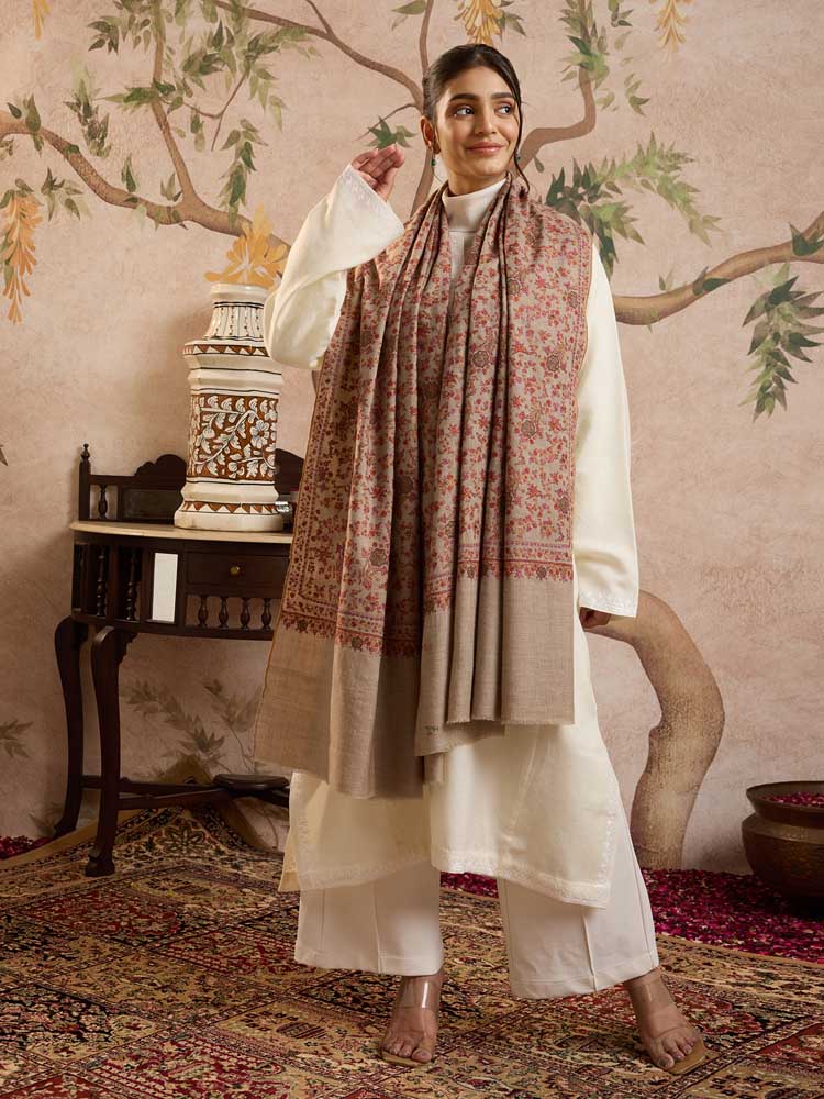 ImageZahra Handloom Pashmina Sozni Shawl – Natural Beige