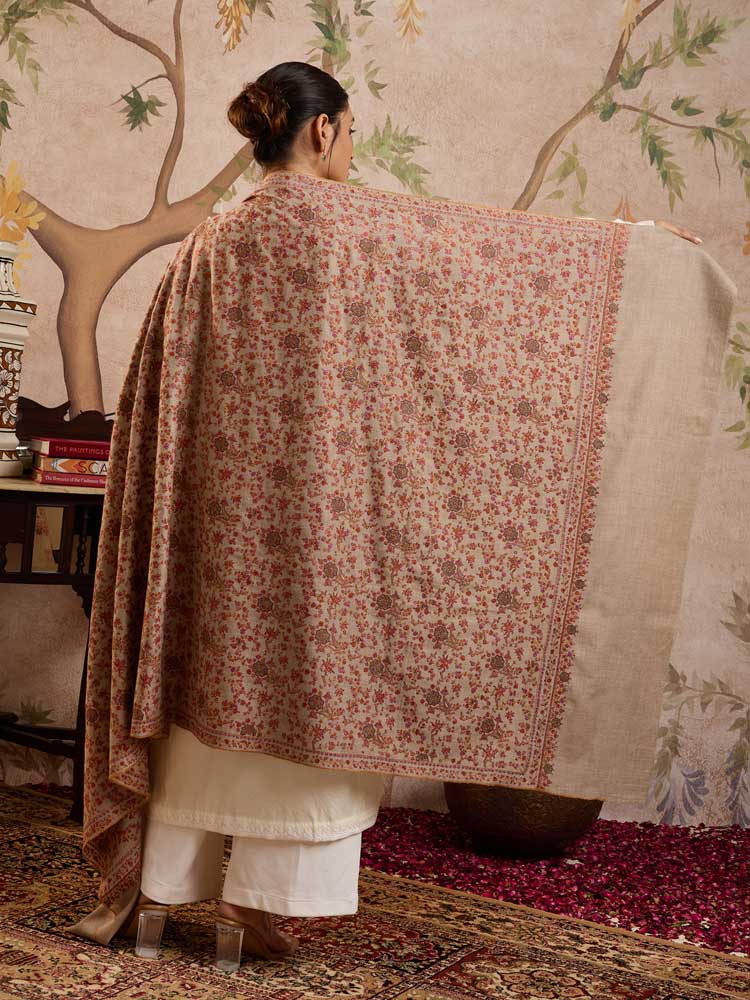 ImageZahra Handloom Pashmina Sozni Shawl – Natural Beige