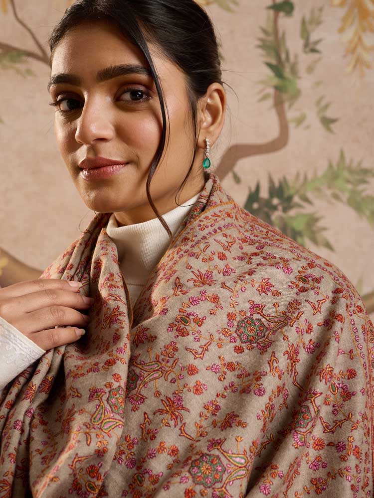 ImageZahra Handloom Pashmina Sozni Shawl – Natural Beige