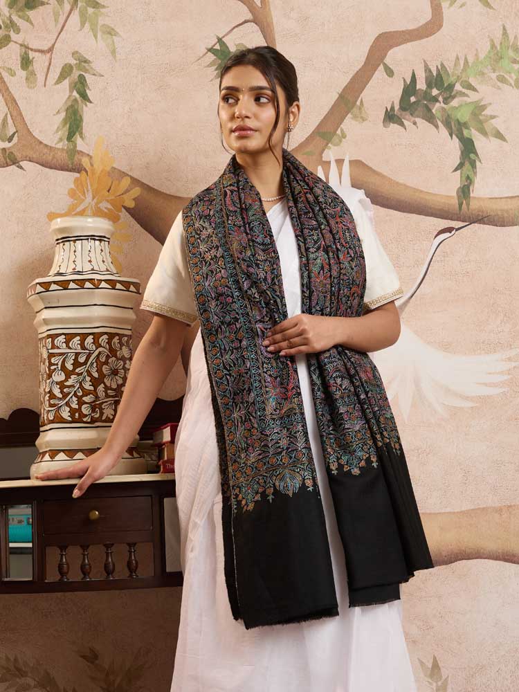 ImageMaliri Handloom Pashmina Sozni Shawl – Royal Black, Multi