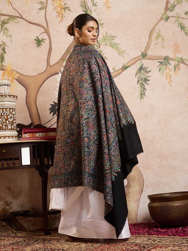 ImageMaliri Handloom Pashmina Sozni Shawl – Royal Black, Multi