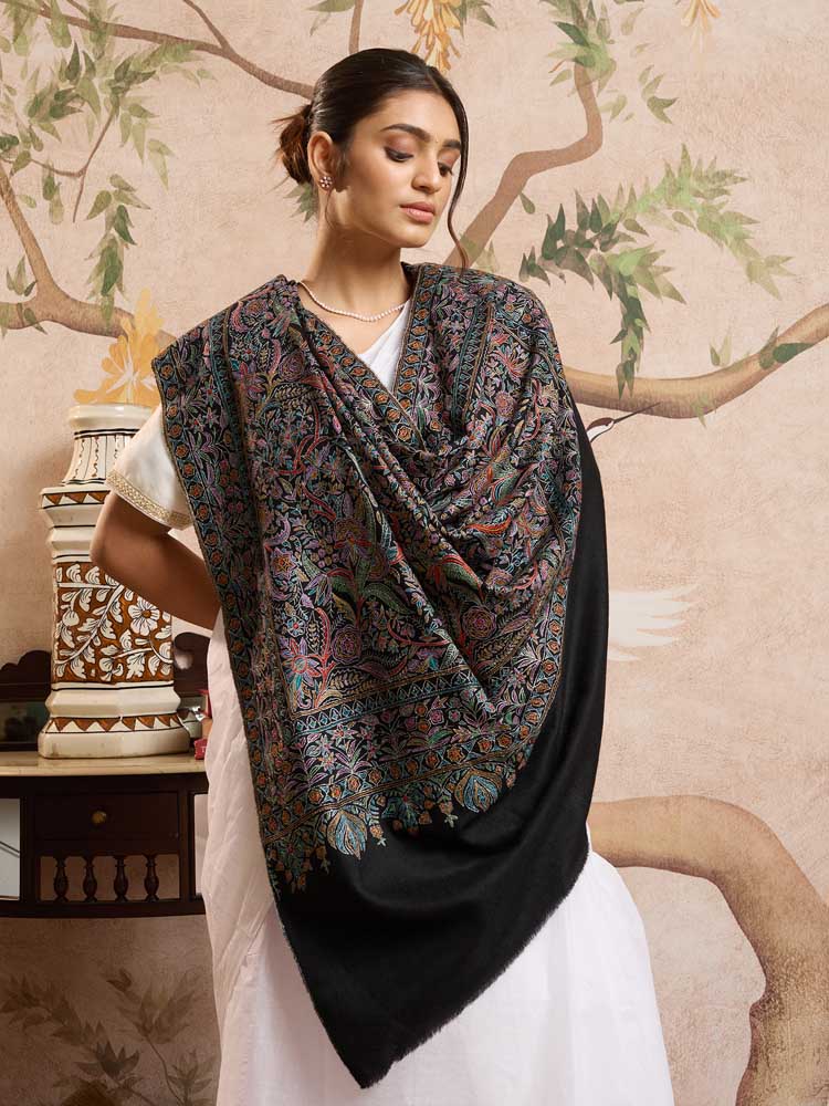 ImageMaliri Handloom Pashmina Sozni Shawl – Royal Black, Multi