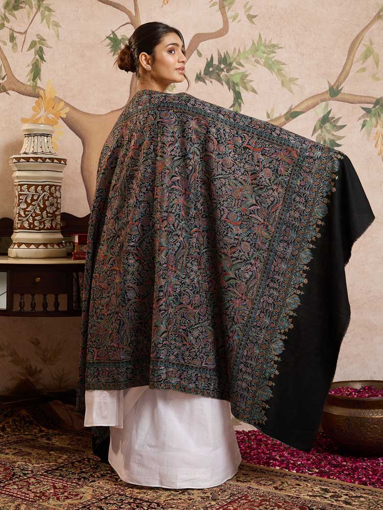 ImageMaliri Handloom Pashmina Sozni Shawl – Royal Black, Multi