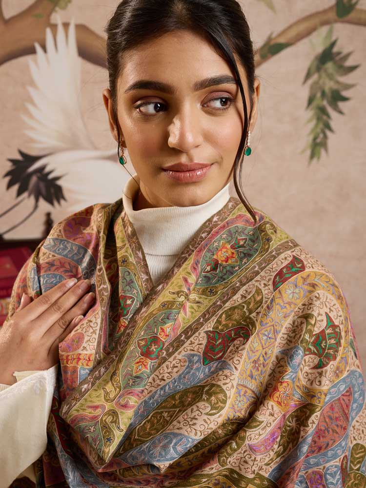 ImageKalamzar Handloom Pashmina Shawl – Beige, Multi