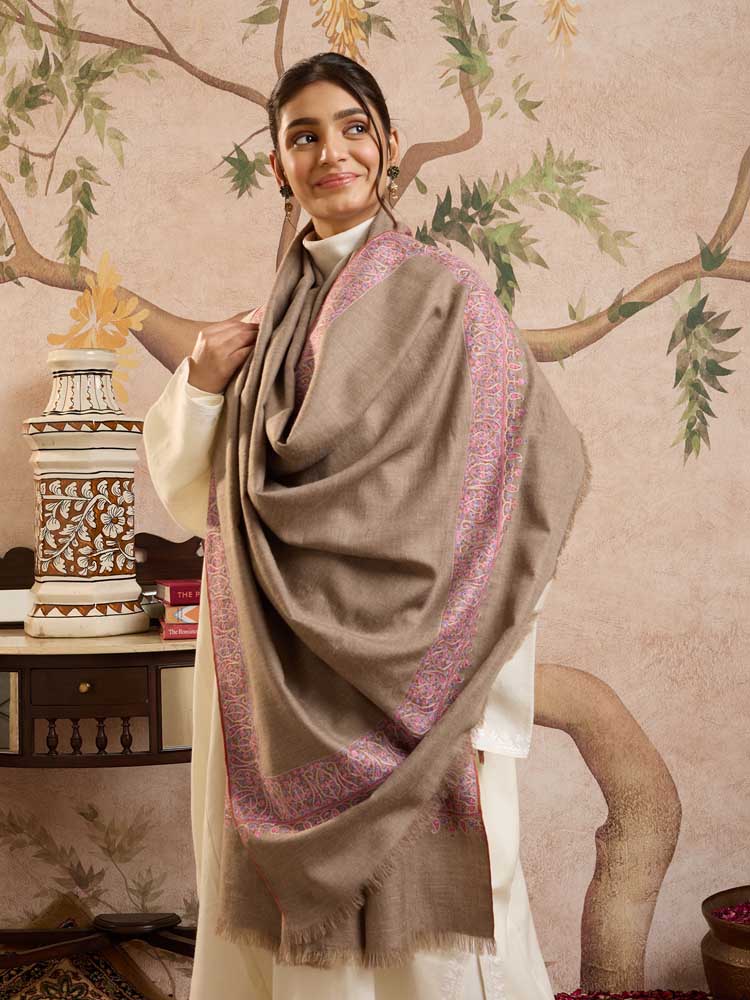ImageKalpana Sozni Pashmina Shawl – Taupe, Fuchsia