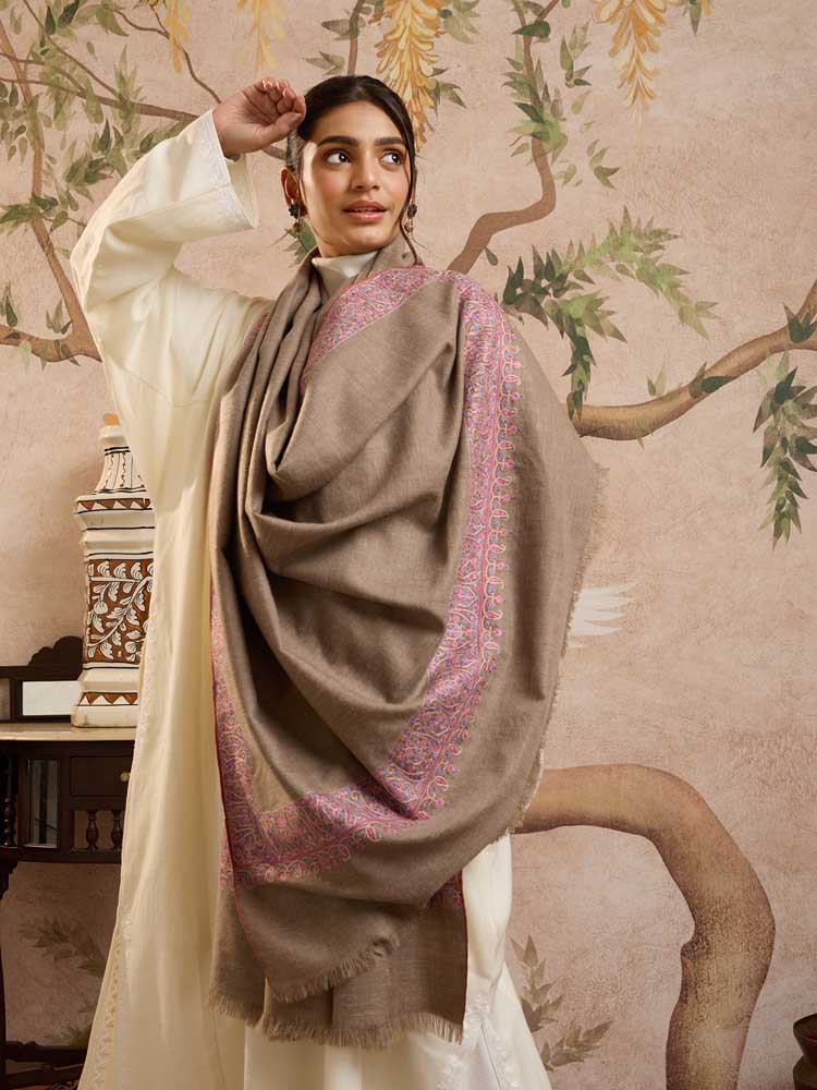 ImageKalpana Sozni Pashmina Shawl – Taupe, Fuchsia