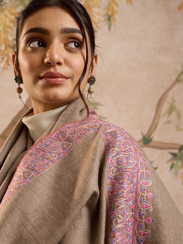 ImageKalpana Sozni Pashmina Shawl – Taupe, Fuchsia