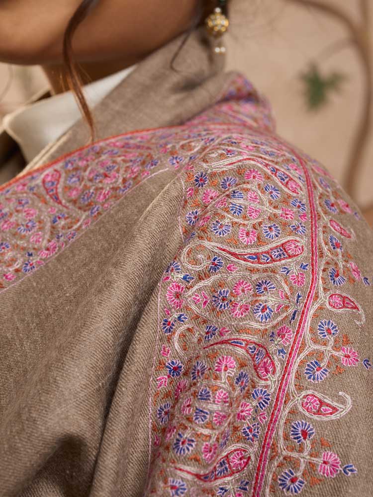 ImageKalpana Sozni Pashmina Shawl – Taupe, Fuchsia