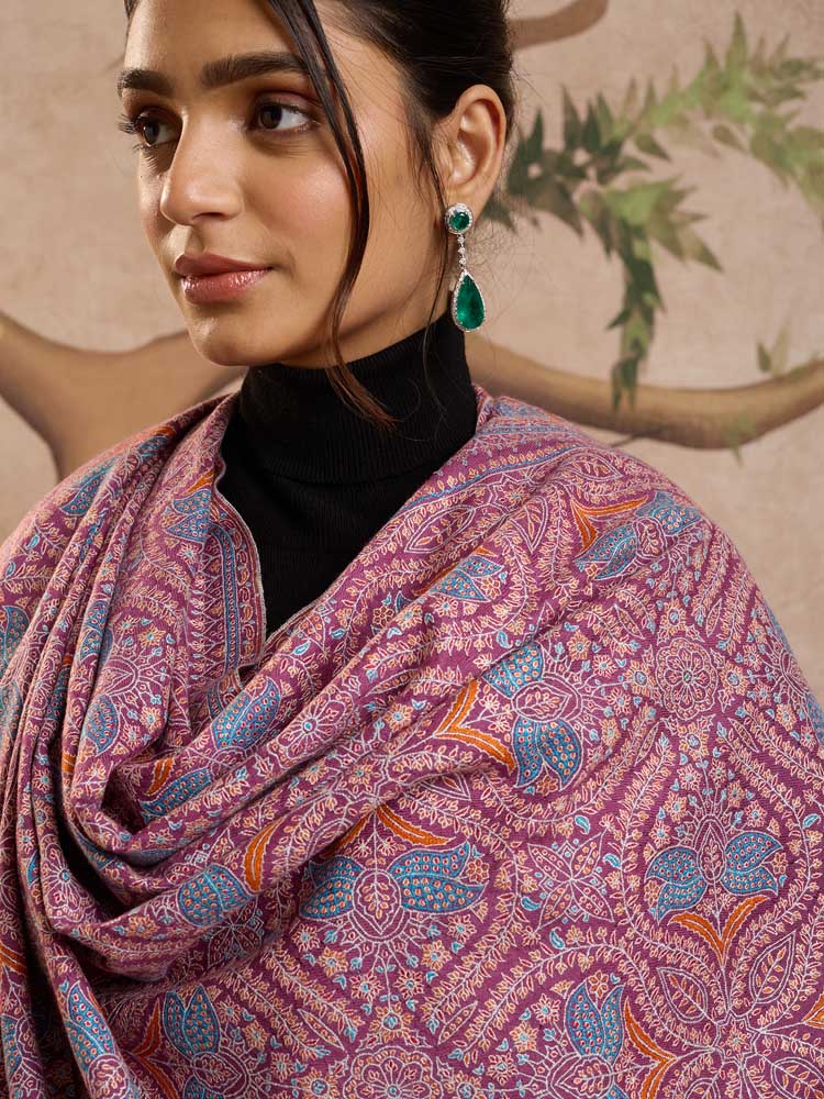 ImageKavya Handloom Pashmina Sozni Shawl – Quartz Pink