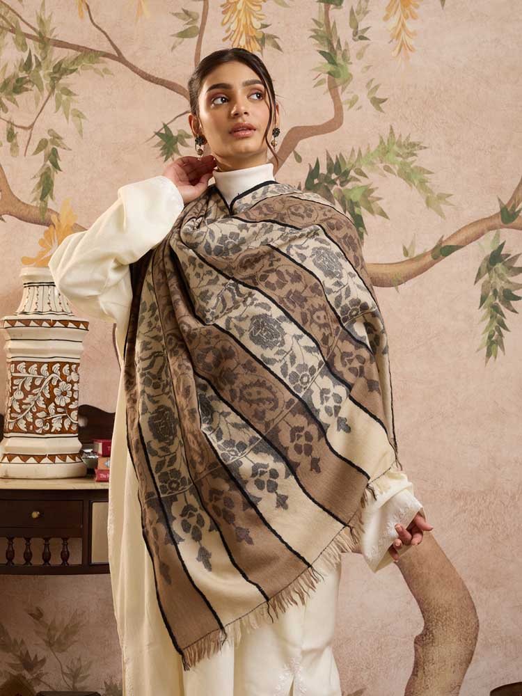 ImageBaari Khatraas Handloom Kani Pashmina Shawl – Ivory, Beige
