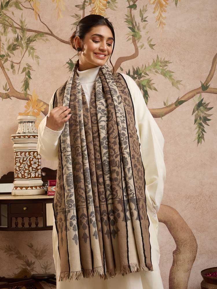 ImageBaari Khatraas Handloom Kani Pashmina Shawl – Ivory, Beige