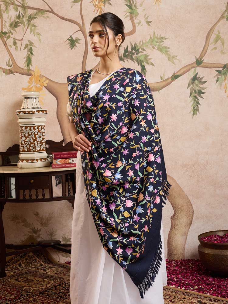 ImageAri Jaaldaar Hand Embroidery Shawl – Teal, Indigo