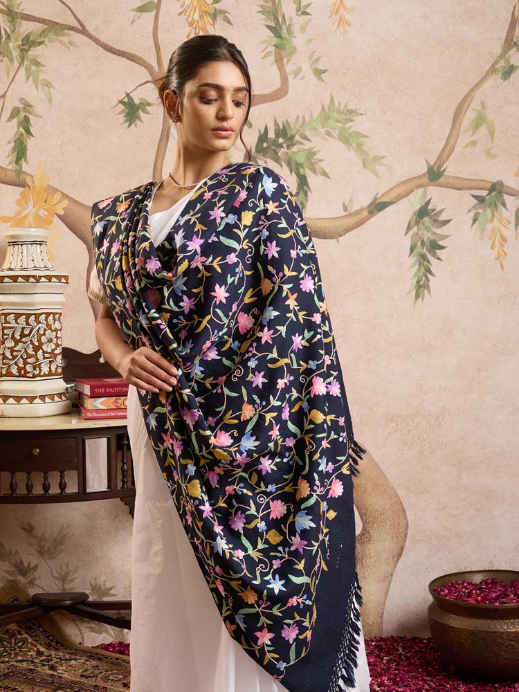 ImageAri Jaaldaar Hand Embroidery Shawl – Teal, Indigo