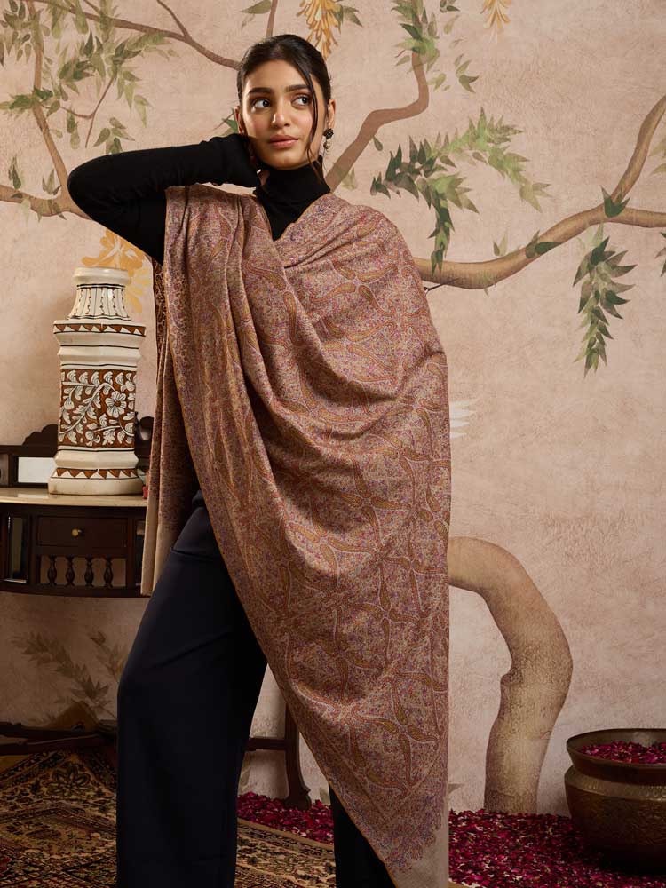 ImageAinakaari Jama Pashmina Sozni Shawl – Tannin Beige