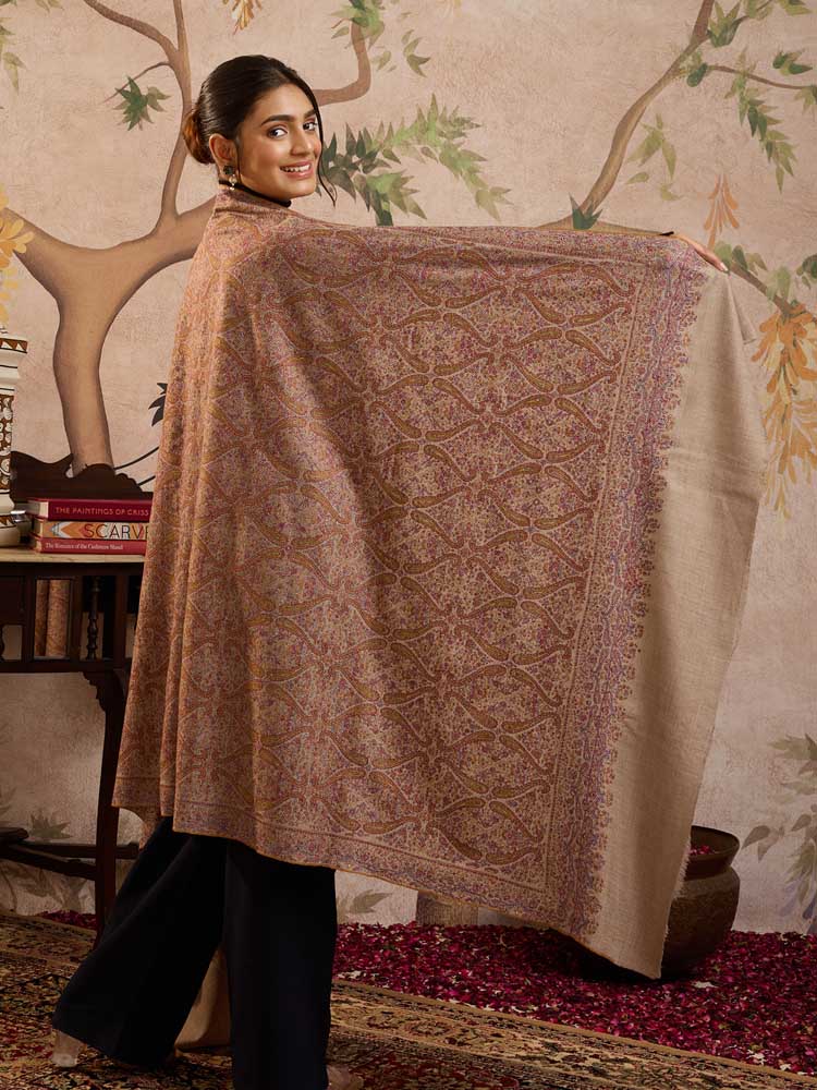 ImageAinakaari Jama Pashmina Sozni Shawl – Tannin Beige