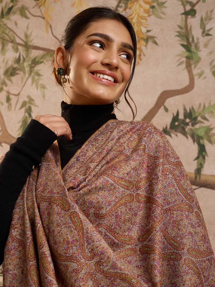 ImageAinakaari Jama Pashmina Sozni Shawl – Tannin Beige