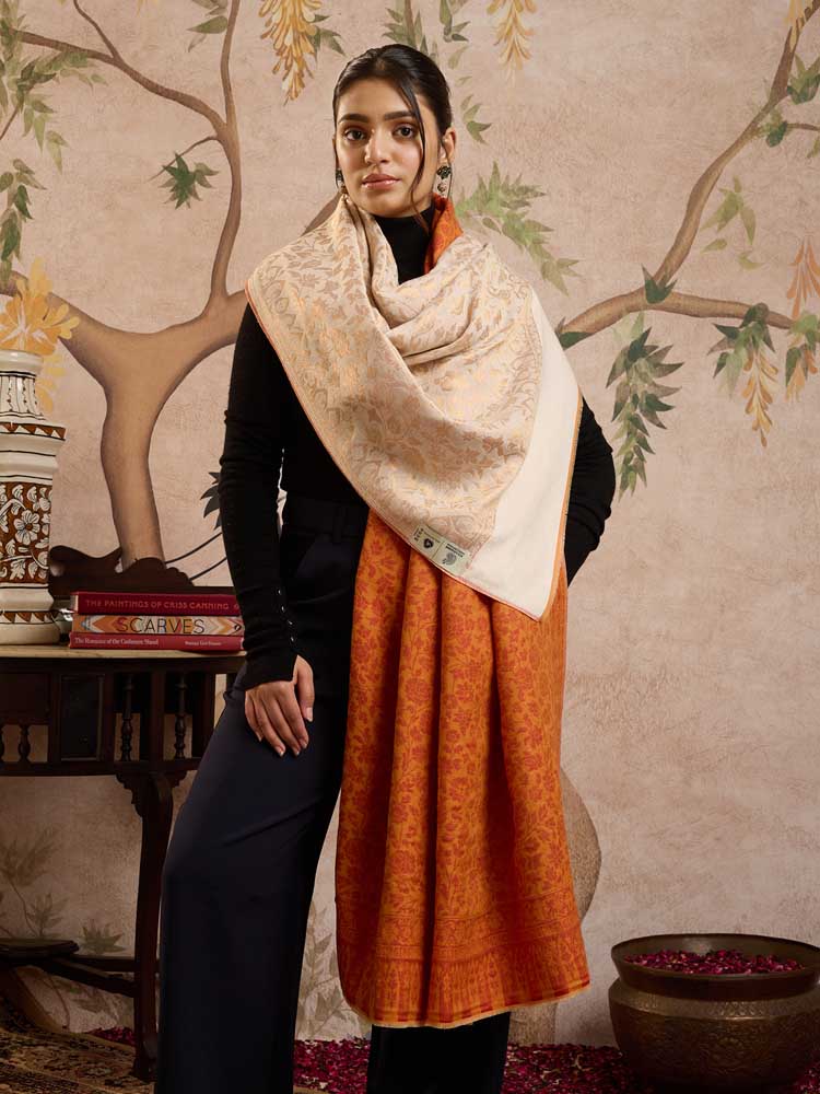 ImageZari Wool Dorukha Jaaldar Shawl –  Marmalade Orange