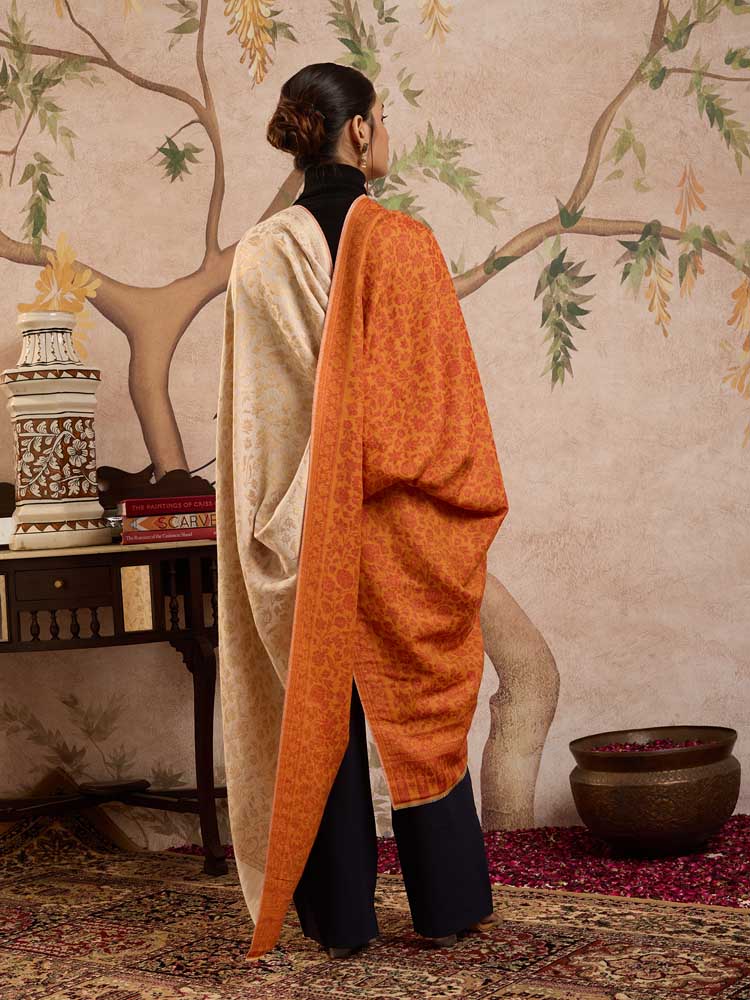 ImageZari Wool Dorukha Jaaldar Shawl –  Marmalade Orange