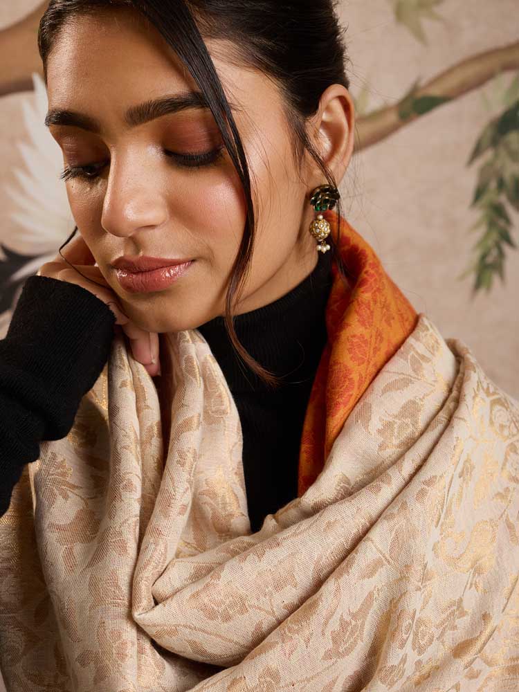 ImageZari Wool Dorukha Jaaldar Shawl –  Marmalade Orange