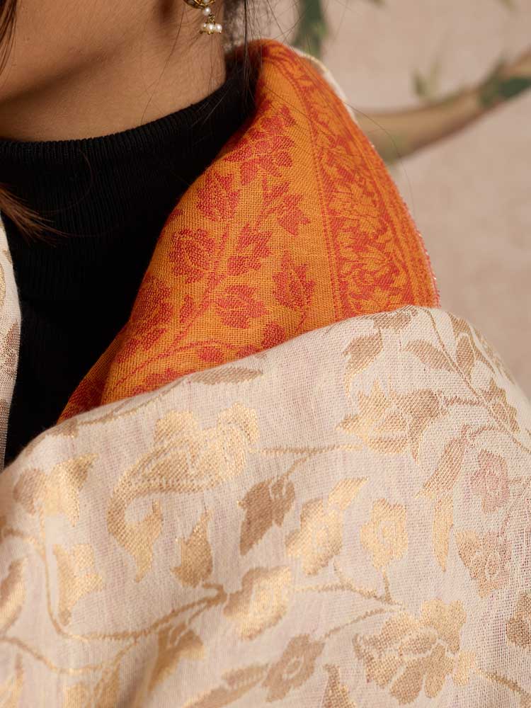 ImageZari Wool Dorukha Jaaldar Shawl –  Marmalade Orange