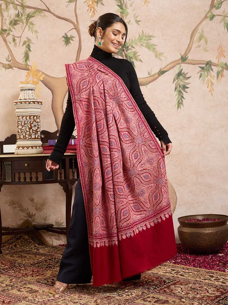 ImageKavya Handloom Pashmina Sozni Shawl – Crimson Red