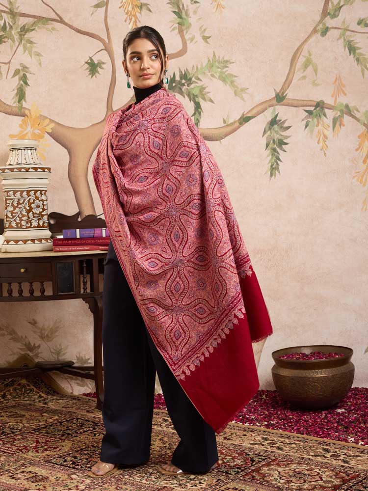 ImageKavya Handloom Pashmina Sozni Shawl – Crimson Red