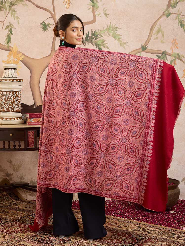 ImageKavya Handloom Pashmina Sozni Shawl – Crimson Red