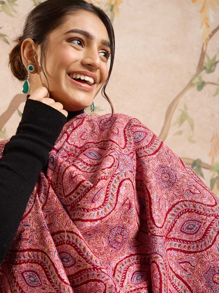 ImageKavya Handloom Pashmina Sozni Shawl – Crimson Red