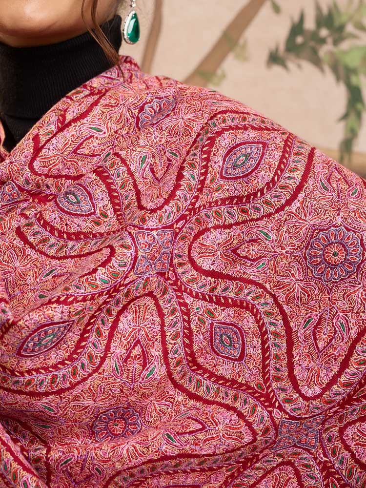 ImageKavya Handloom Pashmina Sozni Shawl – Crimson Red