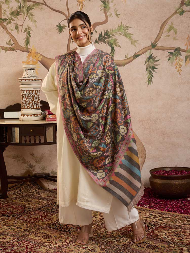 ImageGulsara Handloom Kani Pashmina Shawl – Charcoal, Multi