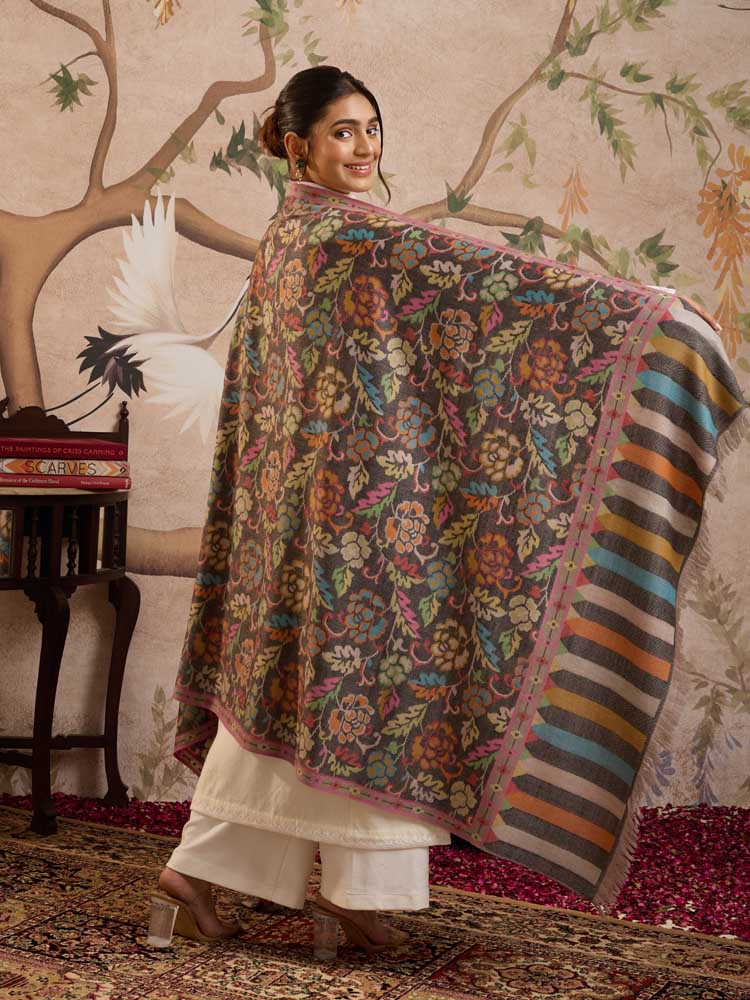 ImageGulsara Handloom Kani Pashmina Shawl – Charcoal, Multi